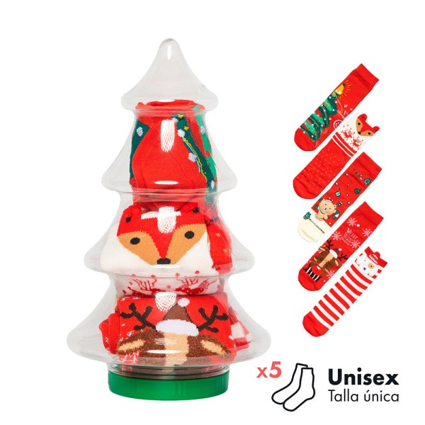 Calcetines en bote forma árbol de navidad, 5 pares, unisex, talla única